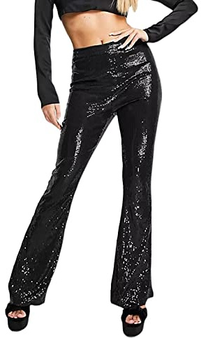 DELIMALI Damenhose mit Pailletten, hohe Taille, weites Bein, Glitzer, Party, Clubwear, Streetwear, glitzernde Hose, B-schwarz, M
