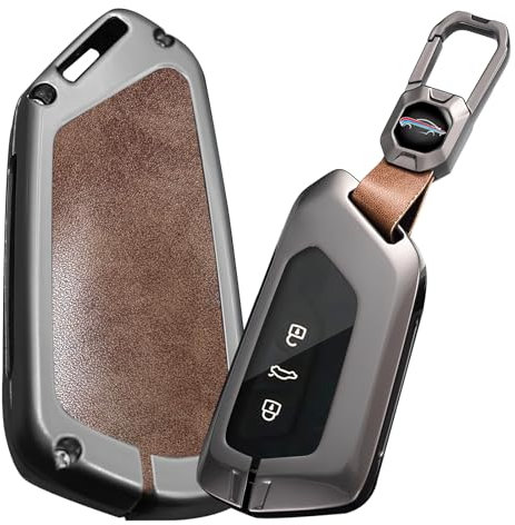 ontto Leder Autoschlüssel Hülle Passt für VW Golf 8 MK8 ID.3 ID.4 ID.5 Cupra Formentor für Skoda Octavia A8 Enyaq Schlüsselhülle Metall Schutzhülle Schlüsselanhänger Schlüsseletui Zubehör-A Braun