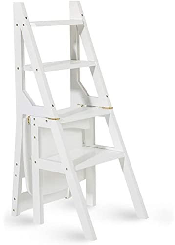QZQJUILU Escabeau en Bois à 4 marches transformant, escabeau Pliable avec Dossier, escabeau, Tabouret Haut/Blanc