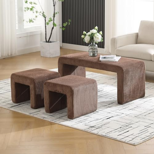 chairus 3er Set Sitzbank Polsterbank mit Sitzhocker für Wohnzimmer Kordsamt Schuhbank für Eingang Bettbank Fußhocker für Schlafzimmer (Braun)