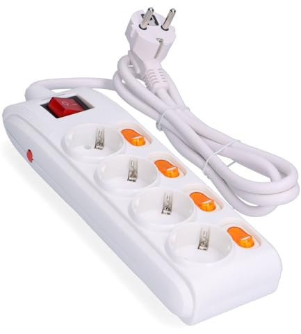 Base multipla a 4 prese con 4 interruttori singoli e protezione integrata. Ideale per organizzare i tuoi dispositivi e garantire sicurezza elettrica in ogni momento.