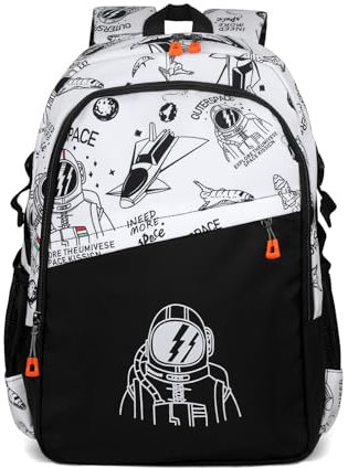 FuninCrea Rucksäcke für Damen Männer, Astronauten-Stil Lässig Rucksack mit 3 Taschen, Rucksack Damen Großer Rucksack Strapazierfähiges Nylon Rucksack Herren für 15 Zoll Laptop-Fach (Weiß)