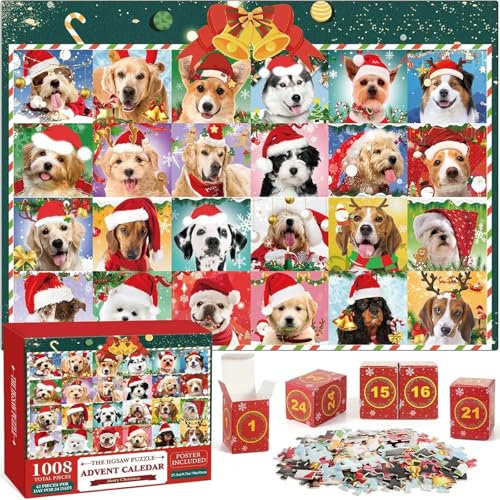 Christmas Jigsaw Puzzles Advent Calendar 2024, Christmas Dogs Jigsaw Puzzles 1008 Pieces Puzzle 24 Days Christmas Countdown Calendar Family Game Xmas Gifts Decorations for Kids Teens Adults (B)