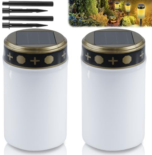 GAOUTO 2 unidades de luz solar LED para tumba, luz solar para tumba, vela LED para tumba, resistente al agua, para exteriores, funciona con energía solar con sensor de luz, vela solar con estaca, 7 x