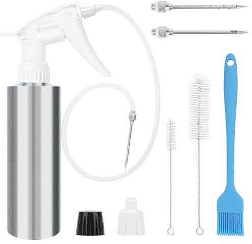 Anglekai Spray Bottle and Marinade Injector, Meat Injector Syringe with Stainless Steel Oil Spray Bottle/Marinade Needles/ 2 Brushes/Hose for Meat BBQ