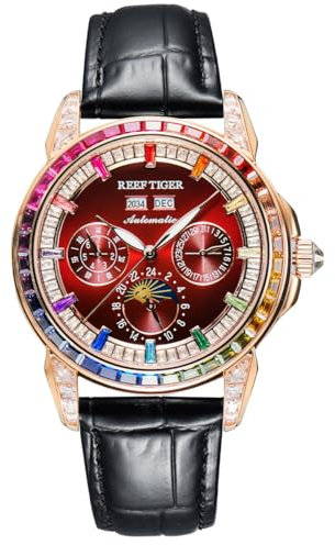REEF TIGER Luxuriöse Kristalllünette Moonphase kompletter Kalender mechanische Automatikuhr für Herren leuchtendes Lederband klassische Uhr RGA1988, RGA1988-PRCBD, Modern