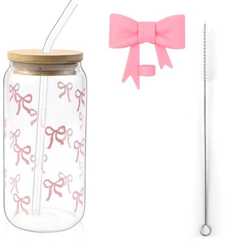 YNOYMO Trinkgläser mit Deckel und Strohhalm Glass Tumbler 500ml Bubble Tea Becher Eiskaffee Gläser Bow Glasbecher Eleganter Trinkbecher für Iced Coffee Smoothie Matcha Cocktail