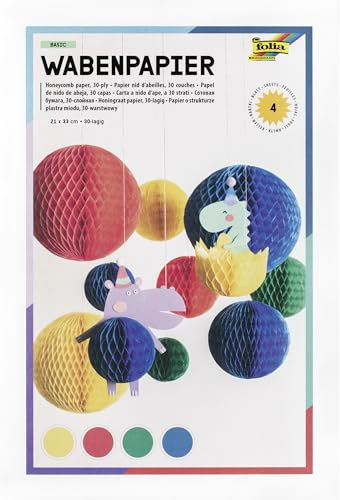 folia 461-09 - Wabenpapier BASIC, 21 x 33 cm, Bastelpapier mit Wabenstruktur in 4 Farben, 30-lagig, zum Gestalten bunter Waben Deko