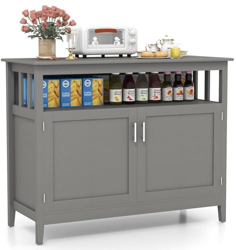 GiantexUK Kitchen Cabinet, Wooden Buffet Sideboard with Doors and 5-Position Adjustable Shelf, Freestanding Storage Cupboard Unit for Living Room, Dining Room, Hallway (Grey)