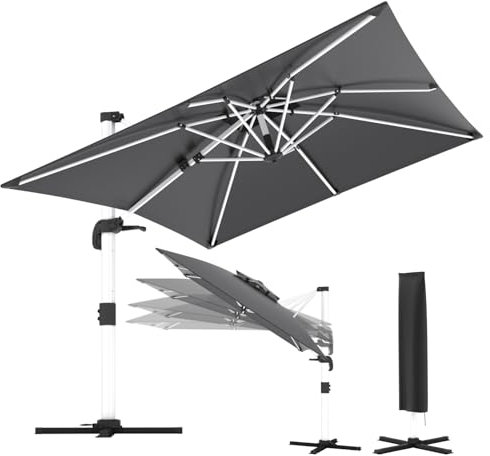 TRIUMPHKEY Sonnenschirm Balkon 300x400x260 cm Aluminium Freischwingender Sonnenschirm mit Kurbel Wasserdichter Gartenschirm,Obere Doppelschicht, UV50+ Sonnenschutz, 360° drehbar, Grau