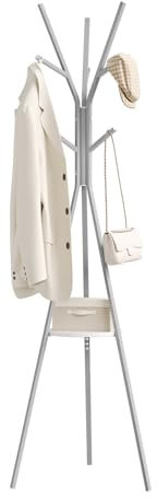 WOLTU Garderobenständer, freistehender Kleiderständer Metall, Garderobe in Baumform, mit 9 Haken und 1 Ablage, für Kleidung Hüte Taschen, für Wohnzimmer Büro, Höhe 180 cm, Grau + Weiß