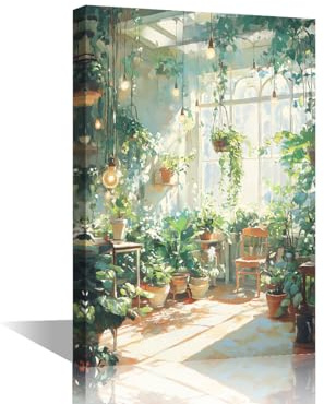 TISHIRON 1 Piece Green Plant Wall Art Painting on Canvas Houseplant Bedroom Wall Art Modern Home Decor for Living Room Botanical Bathroom Pictures Stretched on Wooden Frame, 18x12in