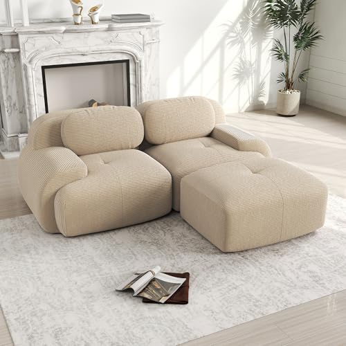 Rvjiahe 82'' Ecksofa aus weichem Cordstoff, modular kombinierbar mit gebogenen Armlehnen, ohne Montage, hochelastische Schaumstoffpolsterung für Wohnzimmer, Ruhezonen und Schlafzimmer (Beige)