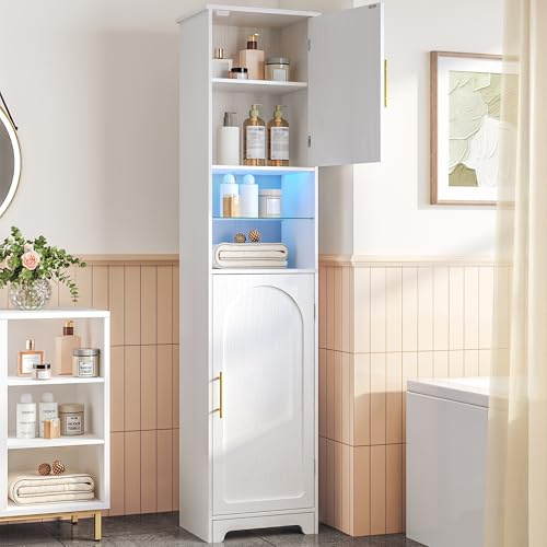 Hzuaneri Tall Bathroom Cabinet with Lights, 30 x 40 x 170 cm, White | Slim Bathroom Storage Unit with 2 Doors and Adjustable Shelve, for Small Spaces, Kitchen, Living Room, Laundry Room, SC28213X