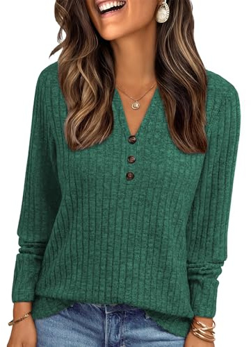 Famulily Womens V Neck Knit Tunic Tops Long Sleeve Lightweight Rib Jumpers Autumn Smart Longline Button Sweater for Leggings