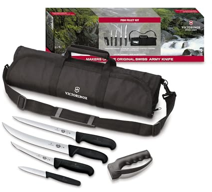 Victorinox Fibrox Fish Fillet 6 Piece Kit Includes Sharpener and Cutlery Roll, Black