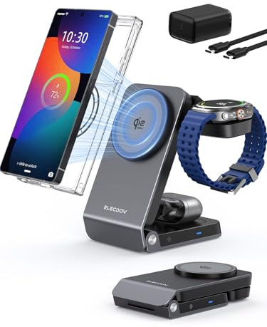 Magnetic Wireless Ladestation für Samsung mit Aktiver Kühlung. Klappbar | 3 in 1 Induktive ladestation für Samsung Galaxy S26 Ultra, Watch 8 & Buds 4. Kabelloses Ladegerät, mit Qi Android Handys