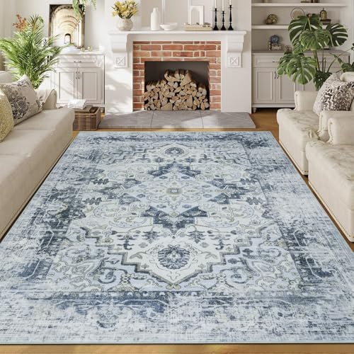 Homcomodar Waschbarer Teppich Wohnzimmer 160x230cm Kurzflor Teppiche Schlafzimmer Blau Vintage Teppich Weich Groß rutschfest Boho Teppiche für Kinderzimmer Esszimmer Büro