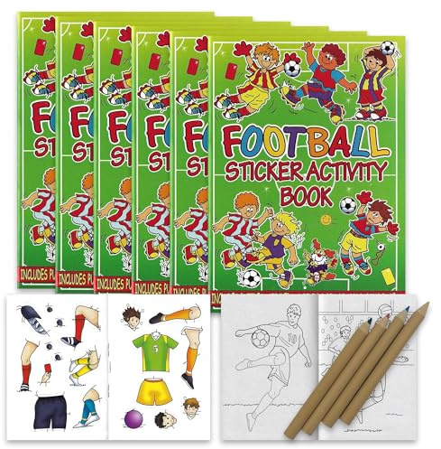 ihoot Pack of 6 Football Puzzle and Sticker Book Activity Set | 6 Sticker Activity Books PLUS 6 Packs of Mini Colourful Pencils | Kids Party Bag Fillers, Goody Bag Fillers for World Cup Parties