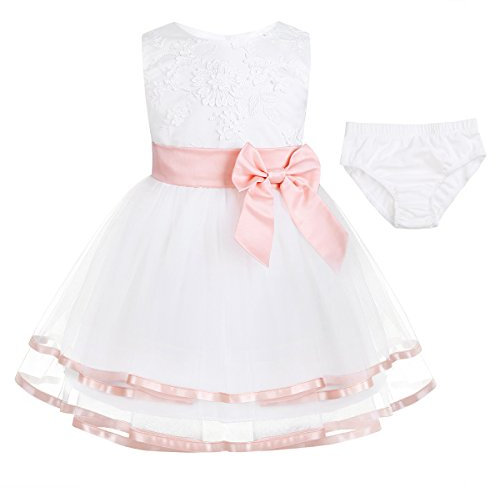 IEFIEL Robe de Baptême Bébé Fille Noeud Papillon Tutu Robe De Noël Princesse Mariage Blanche Ceinture en Strass Satin Robe pour Bébé 0 Mois - 5 Ans Rose 18-24 Mois