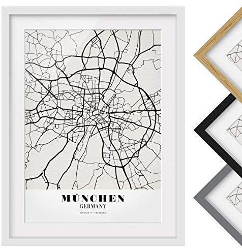 Bild mit Rahmen - Stadtplan München - Klassik - Rahmenfarbe Weiß, 70 x 50 cm