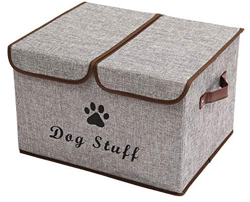 Pethiy Große Leinenstoff Aufbewahrungsbox mit deckel für Hunde Zubehör-Faltbare Doppelgitter Aufbewahrungskorb mit Griffen,für hundespielzeug Hundebekleidung-43 x 31 x 26 cm (Grau)