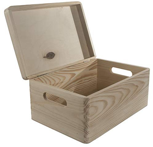 WooDeeDoo Wooden Storage Chest with Hinged Lid and Cut-Out Handles – 30 x 20 x 13 cm – Unpainted Pine Box for Crafts Pyrography Gifts or Decorative Organisation Projects