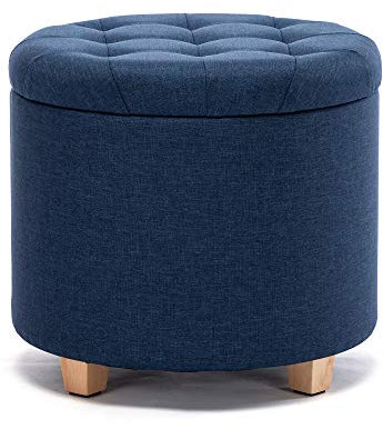 HNNHOME Sitzhocker mit Stauraum, Sitz rund mit Deckel, Sitztruhe, Fußbank Truhen Aufbewahrungsbox, Leinen, 44 L, 45 x 45 x 41 cm, Marineblau