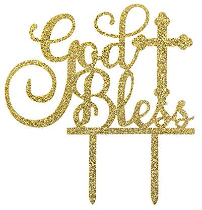 Topfunyy God Bless Cake Topper Shining Gold Acrylic Topper for Baptism, Christening, First Communion Baby Shower Party Decoration