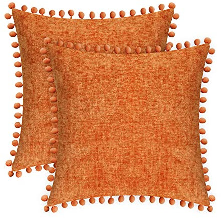 CaliTime Dekokissenbezüge 2er Pack Kuschelige, durchgefärbte, weiche Chenille-Kissenbezüge mit Pom Poms für Couch Sofa Dekoration 40cm x 40cm Hellorange