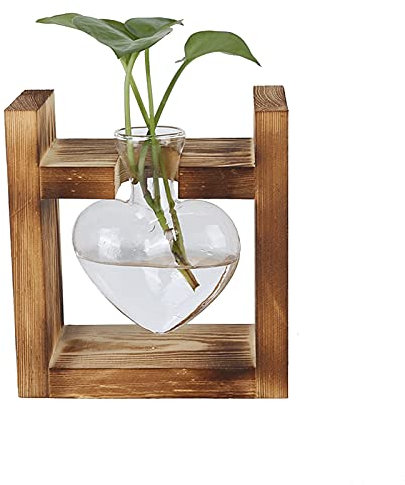 Botella De Vidrio En Forma De Corazón, Maceta Innovadora con Marco De Madera Vintage, Florero De Mesa Transparente, Decoración del Hogar(Marco Vintage +1 Botella de corazón)