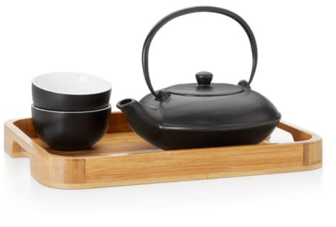 Cha Cult Tee-Set Yamina Porzellan, mit Bambustablett, 4-teilig Kanne: 0,45 l, Cup: 0,1 l, Tablett: 30,5 x 23 cm