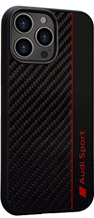 Audi Sport Handyhülle - Kompatibel mit iPhone 13 Pro Max - Stoßabsorbierende Hülle mit Carbon - mit präzisen Aussparungen für Kamera, Anschlüssen & Tasten - Schwarz mit roten Details