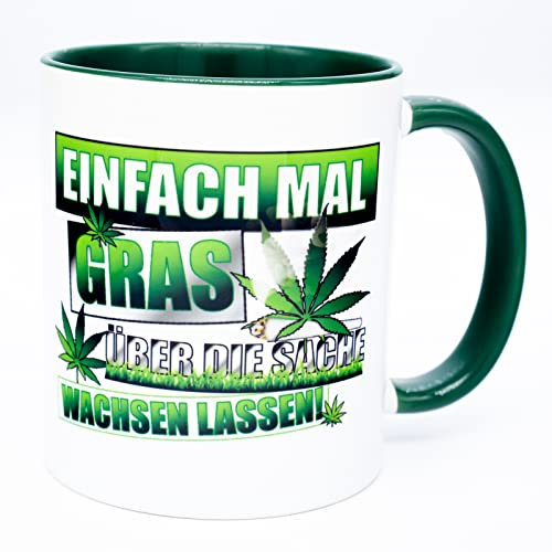 Einfach mal Gras über die Sache Kiffertasse Chill Relax Tasse Becher Geburtstag Geschenk Lustig Idee Witzig mit Spruch Büro Marihuana Weed Cannabis Artikel Kiffer Drogen Zubehör Joint Deko thc Tee
