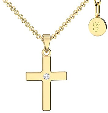 Amoonìc Kreuz Kette Mädchen Gold (Silber 925 vergoldet) | Kreuz-Anhänger Halskette | Kinder-Schmuck Erst-Kommunion Tauf-Geschenk Konfirmation Firmung Geburt Taufe | Etui-Gravur Gottes Segen für Dich