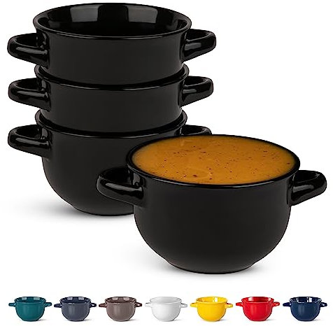 KooK Französische Zwiebelsuppentöpfe mit Griffen, Keramikschalen, für Reis, Dessert, Nudeln, Spülmaschine, Mikrowelle, Backofen und Grill, Schwarz, 4 Stück, 510 ml