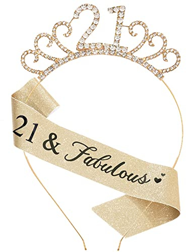 MIOSJI 21st Birthday Sash and Crystal Tiara Crown for Girl 21st Birthday Gift for Her Party Decorations Accessories Gold