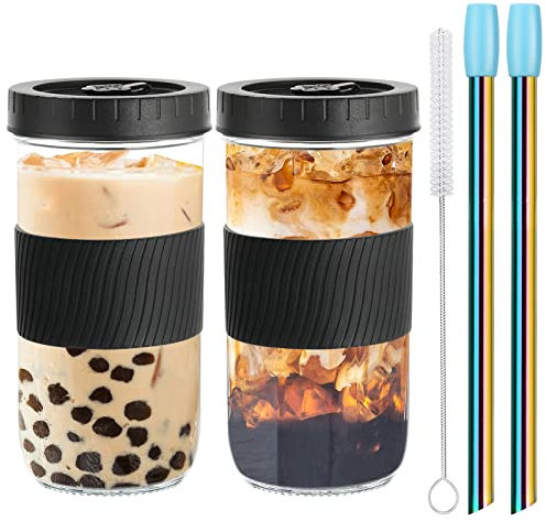 2 Pack Reusable Boba Tea Cups, 24oz/730ml Bubble Tea Cup with Leakproof Lids and Stainless Steel Straw Drinking Glasses Cups Travel Mug Glass Tumbler Mason Jar Sippy Cup for Ice Juice Coffee Drinks
