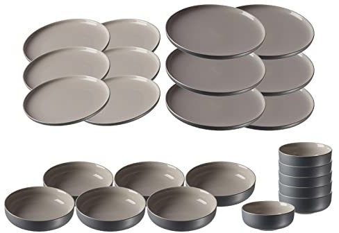 Ritzenhoff & Breker Jasper Teller & Schalen Set 24-teilig, Grau, Tafelservice aus Steinzeug, Geschirr mit Soft-Touch-Haptik & farbiger Mattglasur