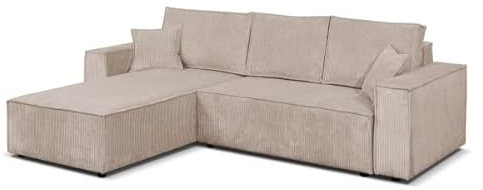 Margaret Hadas24 Ecksofa L-Form Passio 275x190 cm mit Schlaffunktion Bettkasten, modernes Cord Sofa, Schlafsofa, Schlafcouch, Bequeme Wohnlandschaft mit Stauraum, Kissen, universale Seite, Cappucino