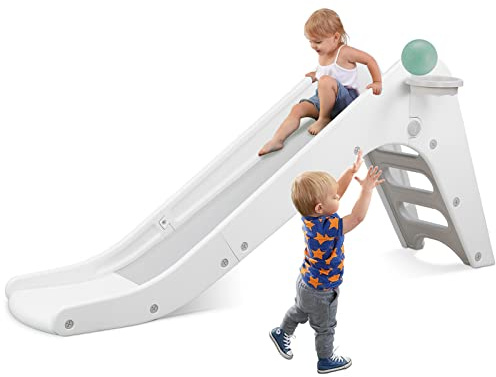 Arlopu Toddler Slide, Baby Indoor Foldable Slide with Basketball Hoop & Ball, 63 Extra Long Slope, Non-Slip Steps, Sturdy Plastic Outdoor Climber Playset for Boys and Girls (Grey White)