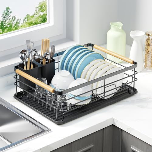 jouzevic Dish Racks for Kitchen Counter: Wooden Handles, Thickened Metal, No Assembly. Small Dish Drying Rack: Ideal for Small Households. Drying Rack Kitchen: Black