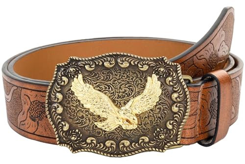HilyBony Western-PU-Ledergürtel für Damen und Herren, Cowboy-Cowgirl, Longhorn-Bull-Muster, gravierte Schnalle, Gürtel für Unisex, Adler, for 33-36 waist
