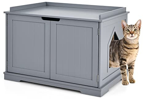 COSTWAY Casita para Gatos, Arenero para Gatos, Casita para Mascotas, Casa para Gatos, Recinto con Hoyo para Gatos, Caja para Animales con Estructura de Madera Resistente (Gris)