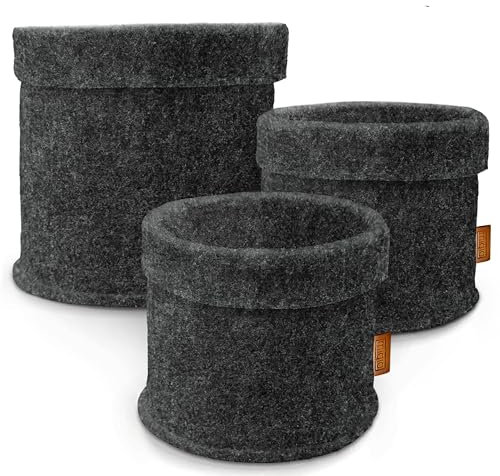 Miqio® Design Premium Filz Korb - Aufbewahrungskörbe rund - 3er-Set - Pflanzenkorb - Blumenübertopf - Ökotex Zertifiziert - Faltbarer Organizer für alle Räume - dunkelgrau
