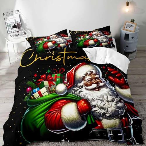 LUVIVIHOME 3-teiliges schwarzes Weihnachtsmann-Bettwäsche-Set, Weihnachts-Bettwäsche-Set, Weihnachts-Bettwäsche, Weihnachtsgeschenke, schwarze Steppdecke, afrikanische Weihnachtsdekoration, Bett in