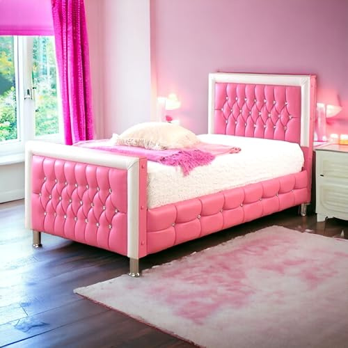 AuGold Pink Single Bed Frame - 3FT Upholstered Wooden and Leather Fabric With Headboard and Footboard