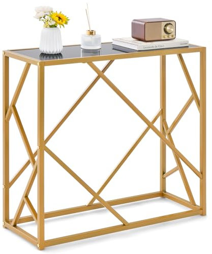 LIFEZEAL Table Console Dorée, Table d'Entrée Étroite avec Plateau en Verre Trempé pour Salon, Entrée, Couloir, 80 x 30 x 75 cm, Doré