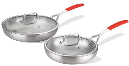 DELARLO Tri-ply Stainless Steel Frying Pan Set with Lid 8 10 Induction Skillets Chef's Pan,Pots and Pans Set Kitchen Cookware Frying Pan Set Dishwasher and Oven Safe