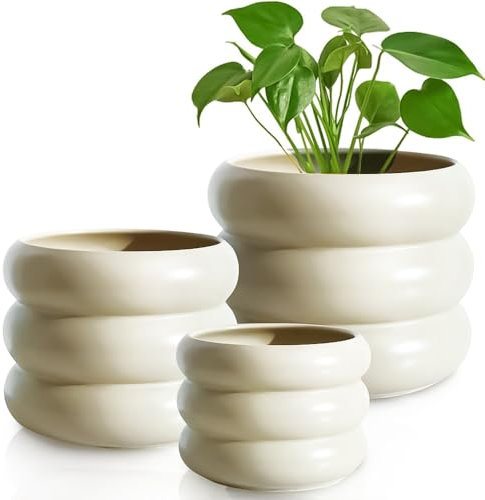 Cusmation 3-teiliges modernes Keramik-Pflanzgefäß, 16,5/11,9/8,9 cm, Beige, 3 Stück, einzigartige Pflanzgefäße für Außen- und Innenbereich, Blumentöpfe, Pflanzen mit Drainagelöchern, Heim- und